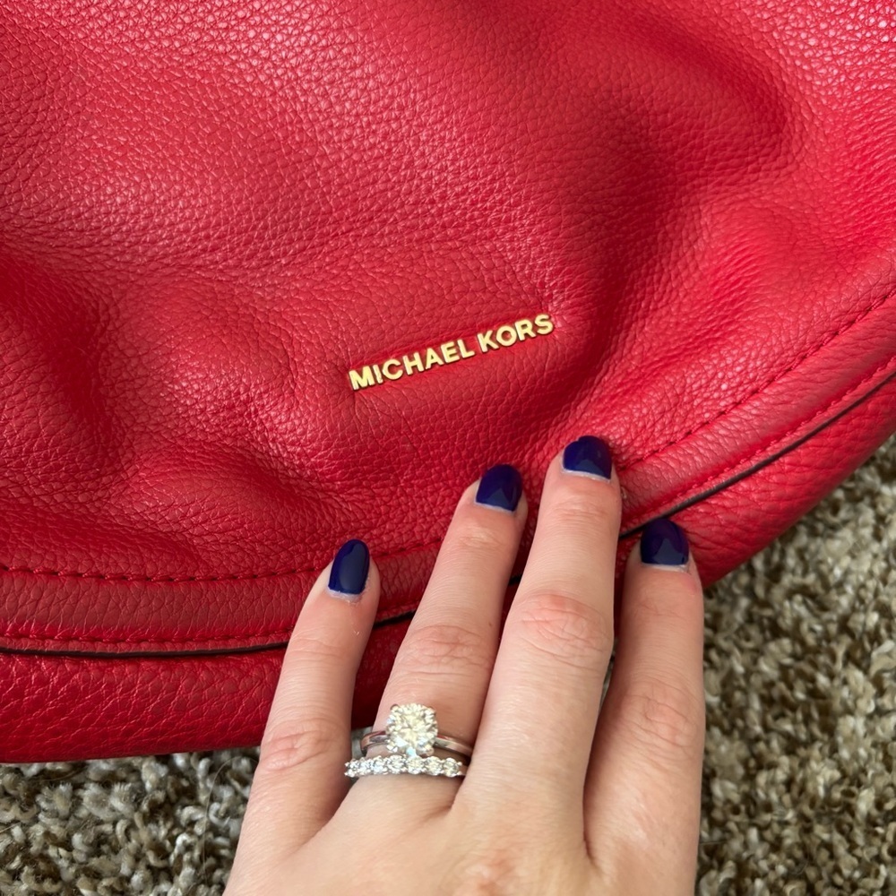 Michael Kors | Women's Red Leather Shoulder Hobo Bag - Picture 10 of 12